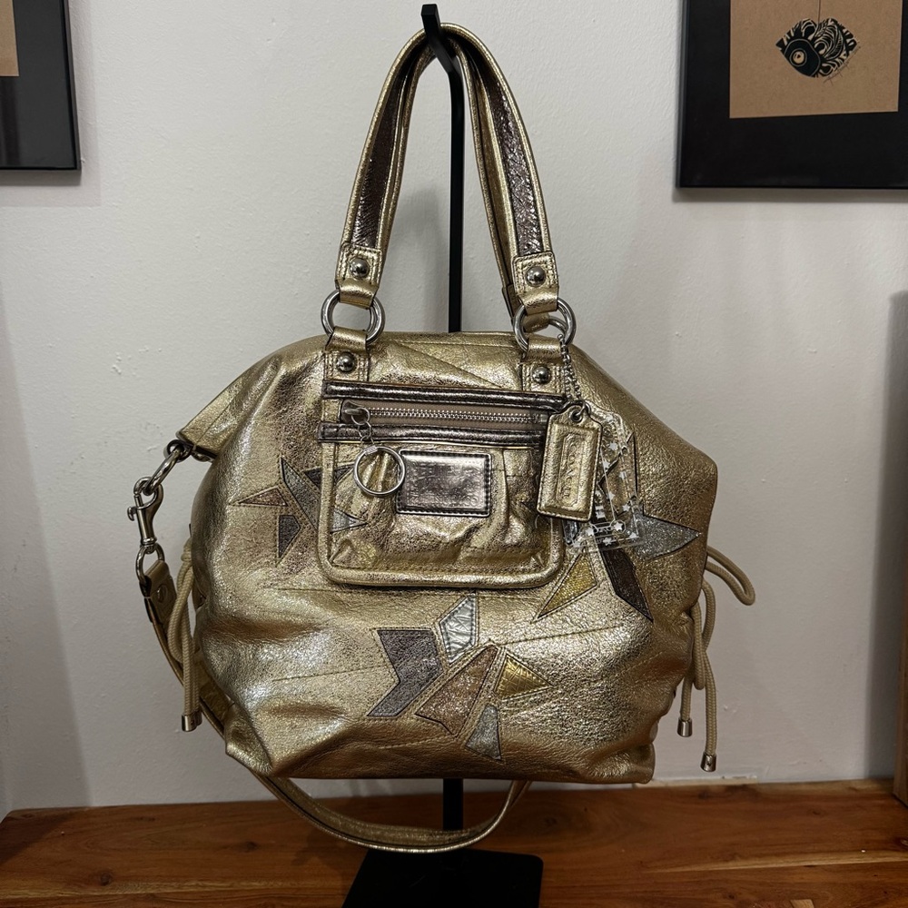 Coach Poppy Gold Shoulder Bag Star Pattern